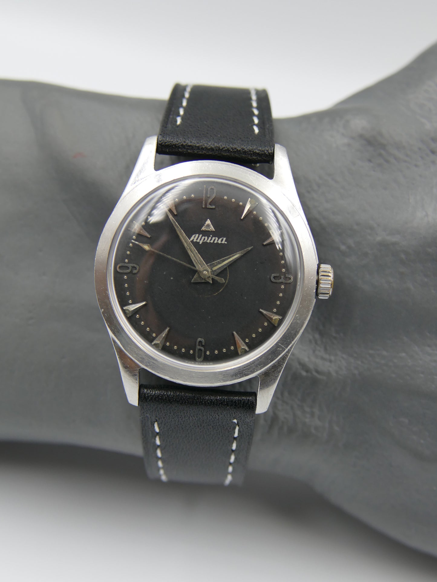 50s vintage watch mens Alpina black dial manual wind cal 598 SS serviced