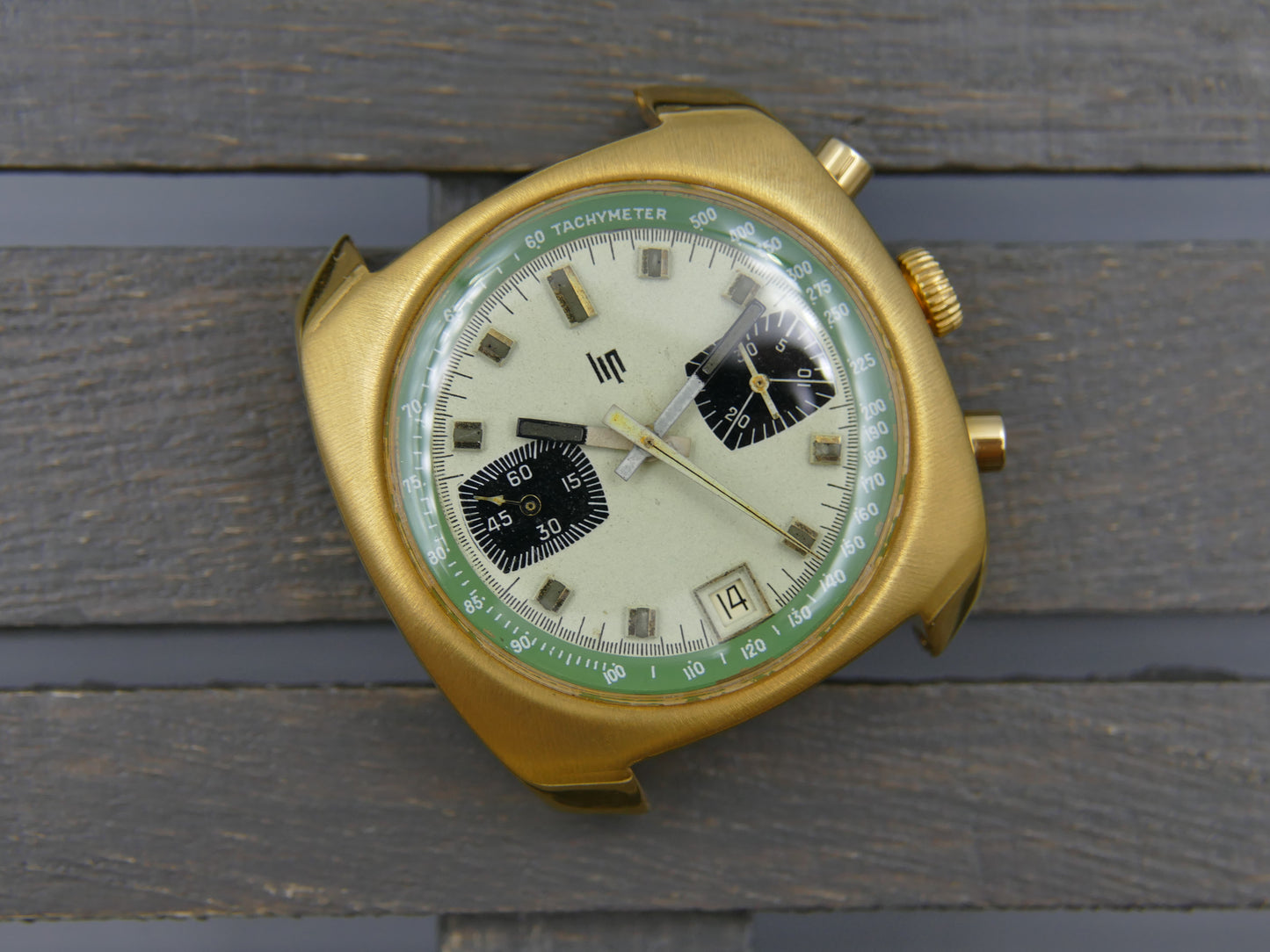 70s vintage watch mens LIP chronograph valjoux 7734 green serviced