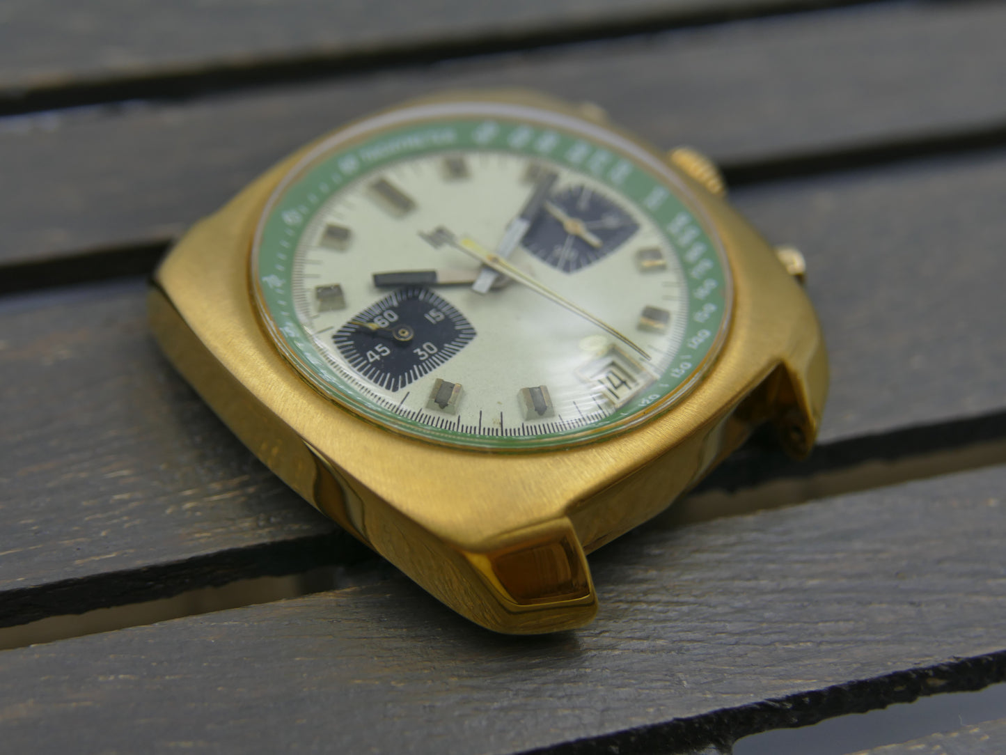 70s vintage watch mens LIP chronograph valjoux 7734 green serviced