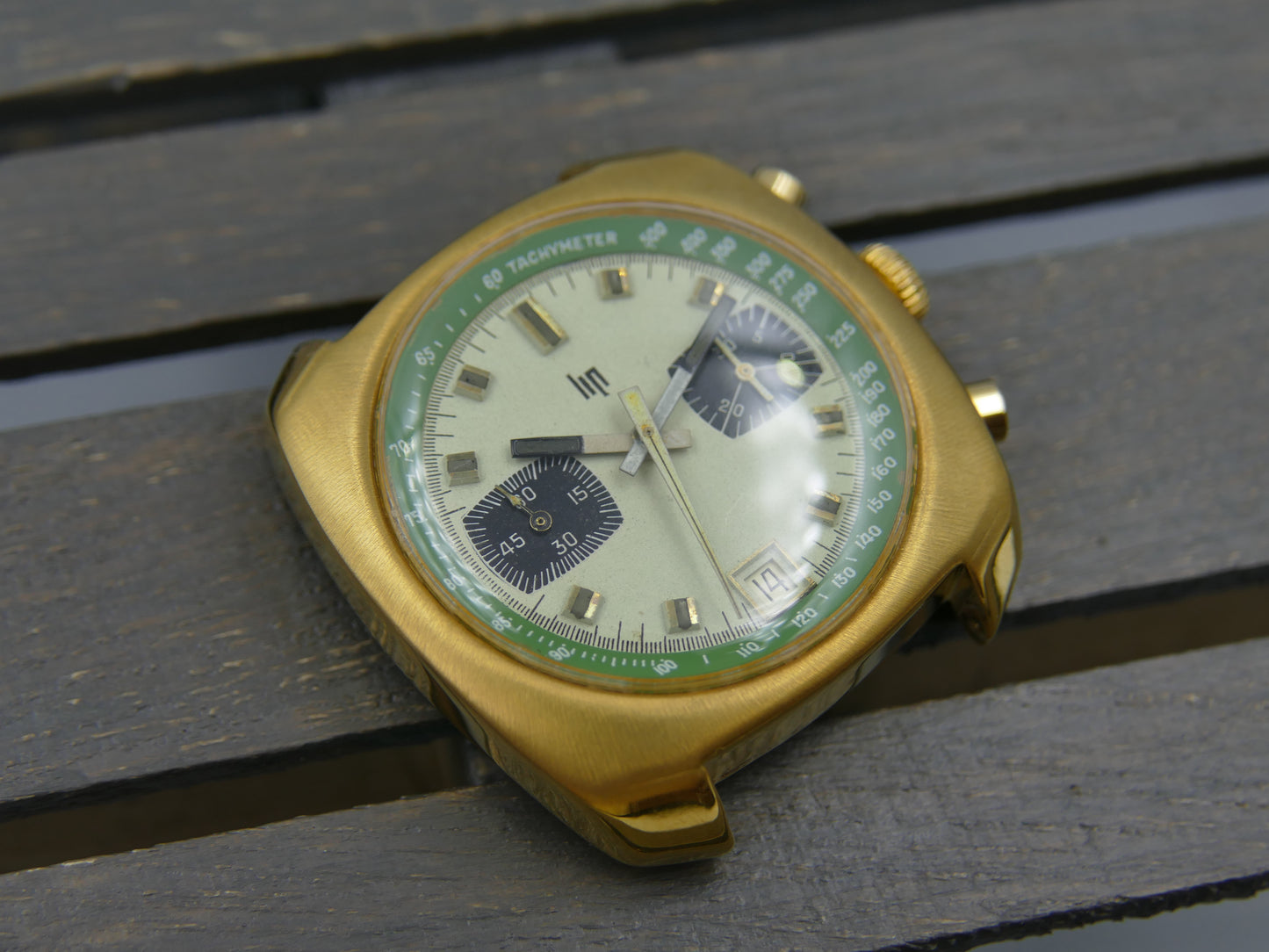 70s vintage watch mens LIP chronograph valjoux 7734 green serviced