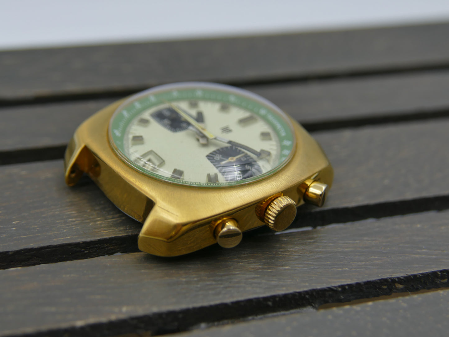 70s vintage watch mens LIP chronograph valjoux 7734 green serviced