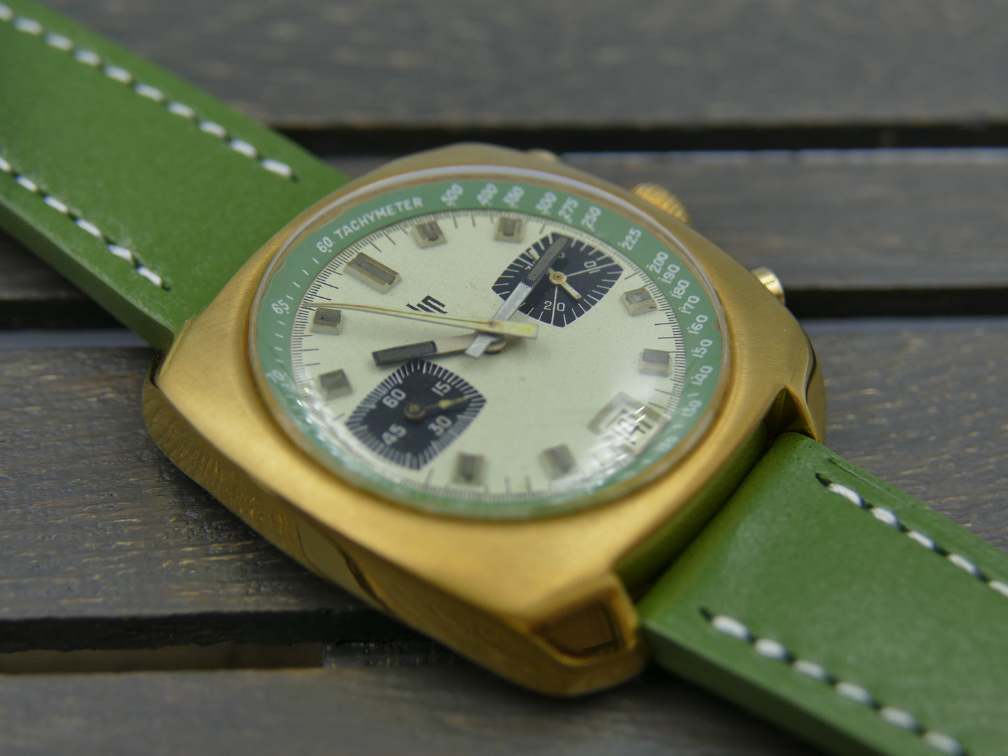 70s vintage watch mens LIP chronograph valjoux 7734 green serviced