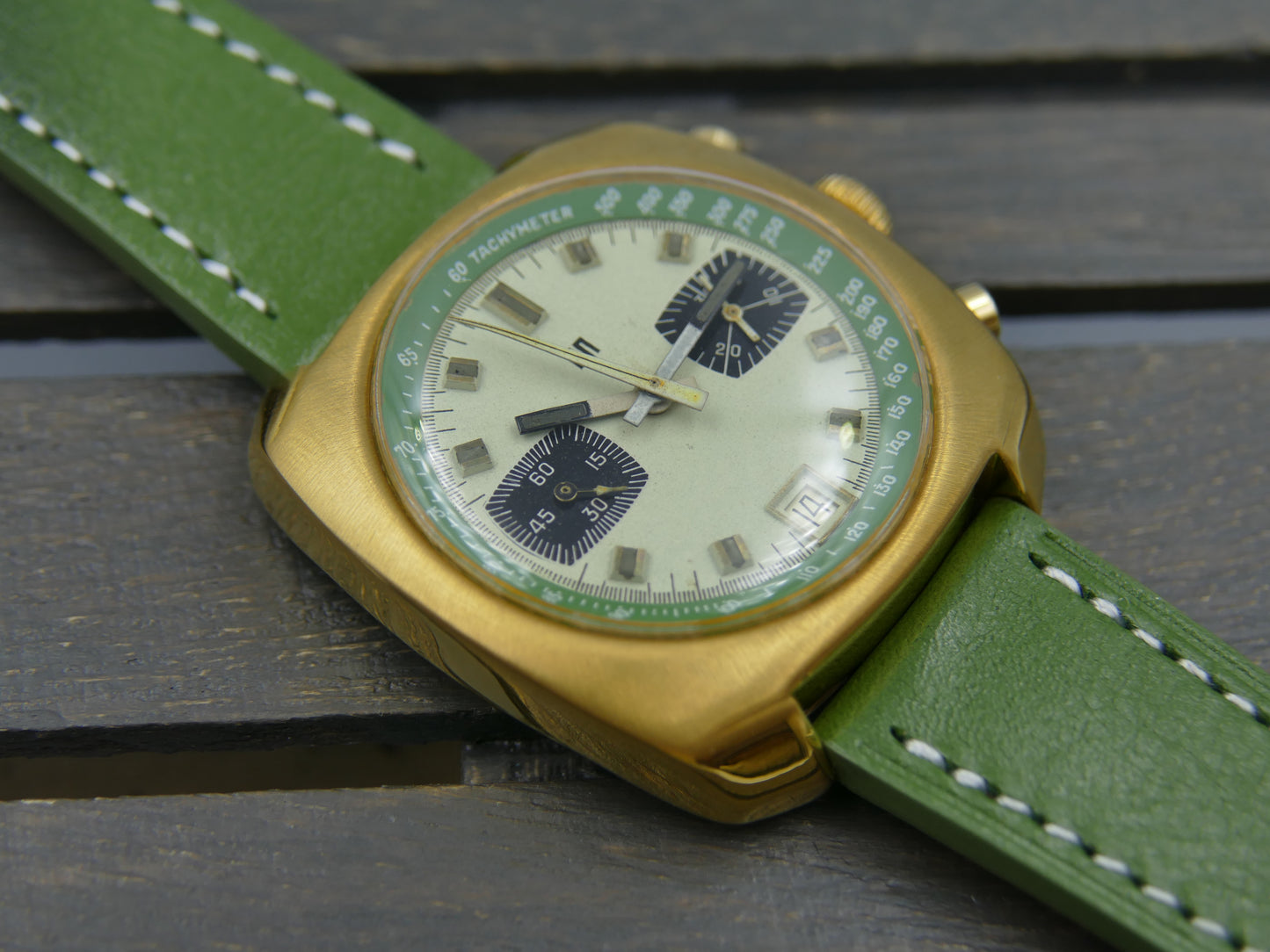 70s vintage watch mens LIP chronograph valjoux 7734 green serviced