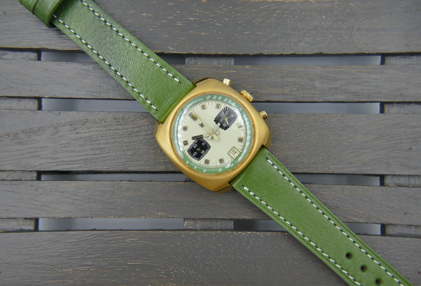 70s vintage watch mens LIP chronograph valjoux 7734 green serviced