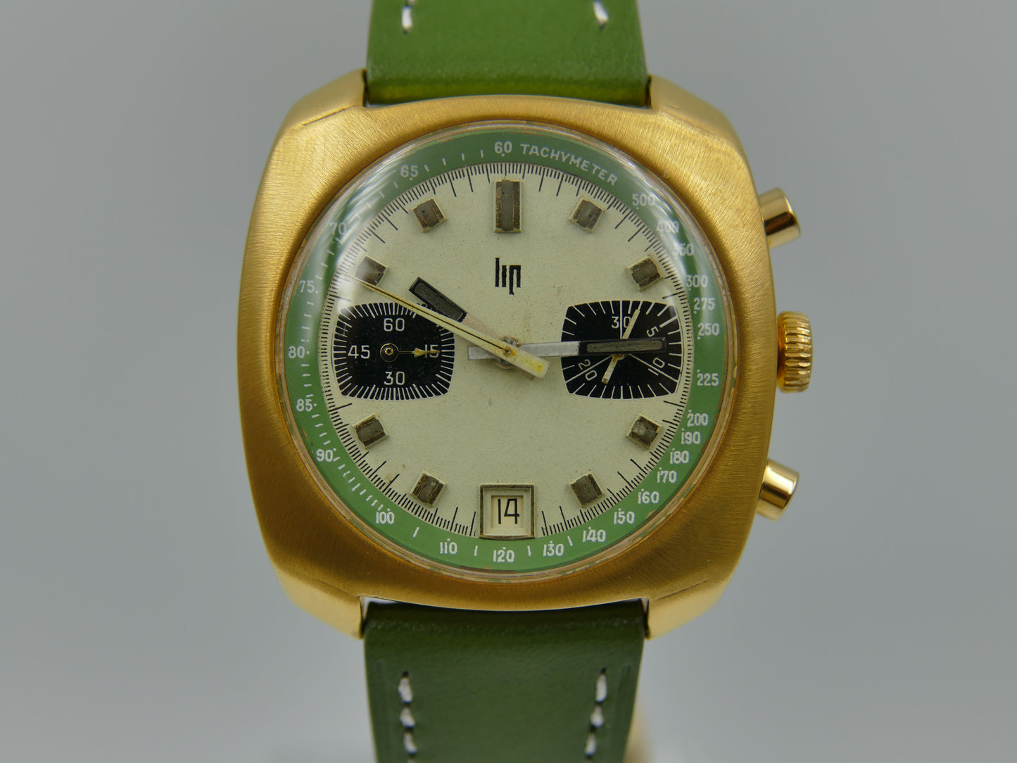 70s vintage watch mens LIP chronograph valjoux 7734 green serviced
