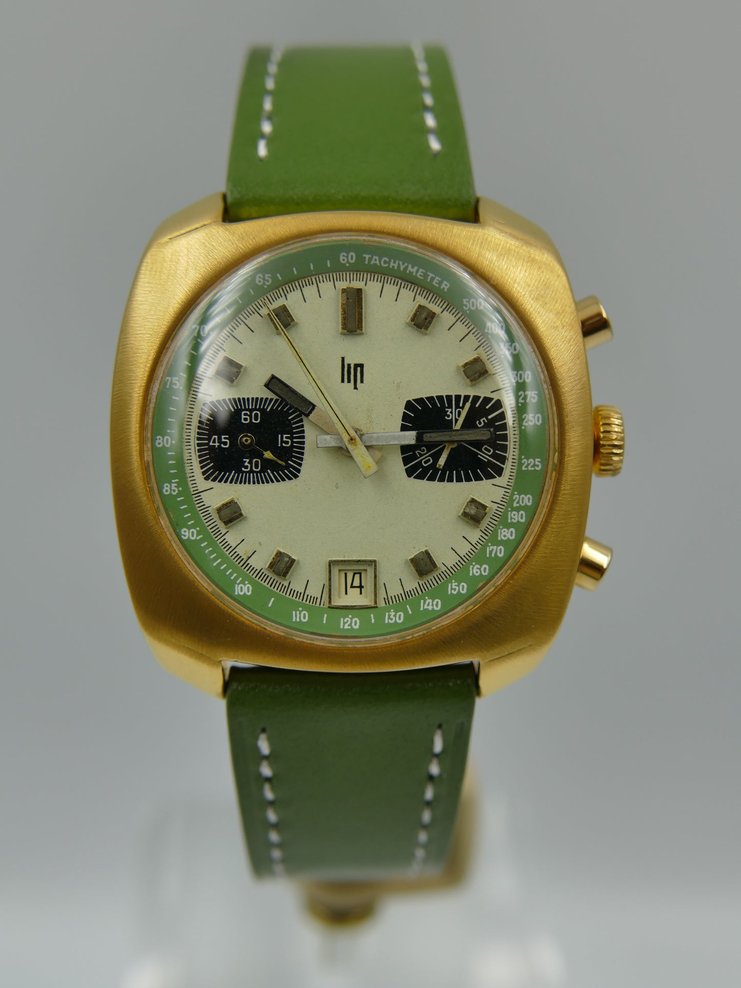 70s vintage watch mens LIP chronograph valjoux 7734 green serviced