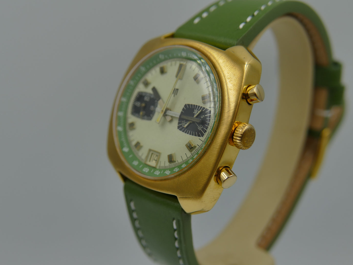 70s vintage watch mens LIP chronograph valjoux 7734 green serviced