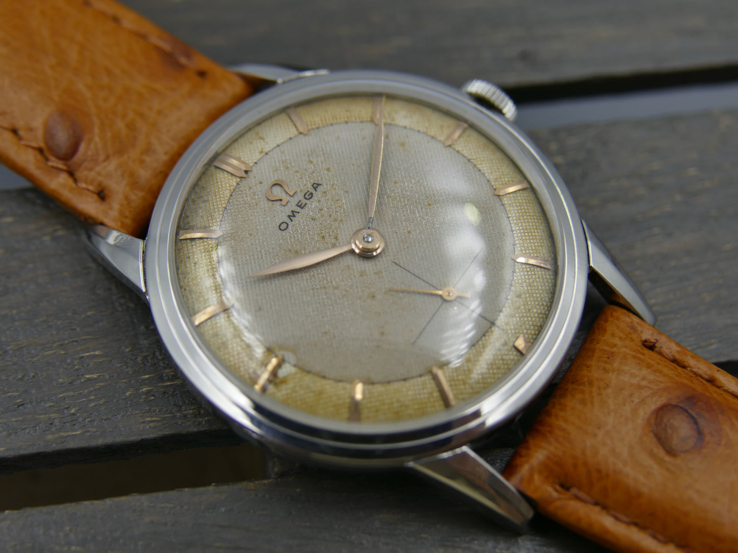 50’s vintage watch mens Omega ref. 2738 -1 honeycomb cal 410 serviced rare 2 tone