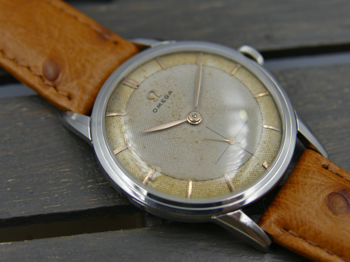 50’s vintage watch mens Omega ref. 2738 -1 honeycomb cal 410 serviced rare 2 tone