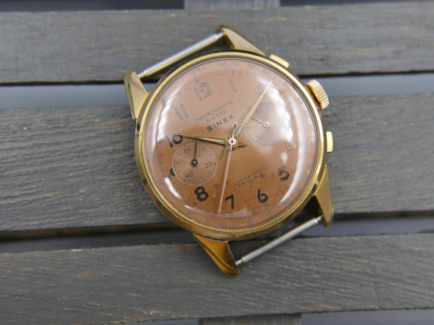 50s vintage SINEX Chronograph swiss Cal. Landeron 48 salmon OVERSIZE jumbo