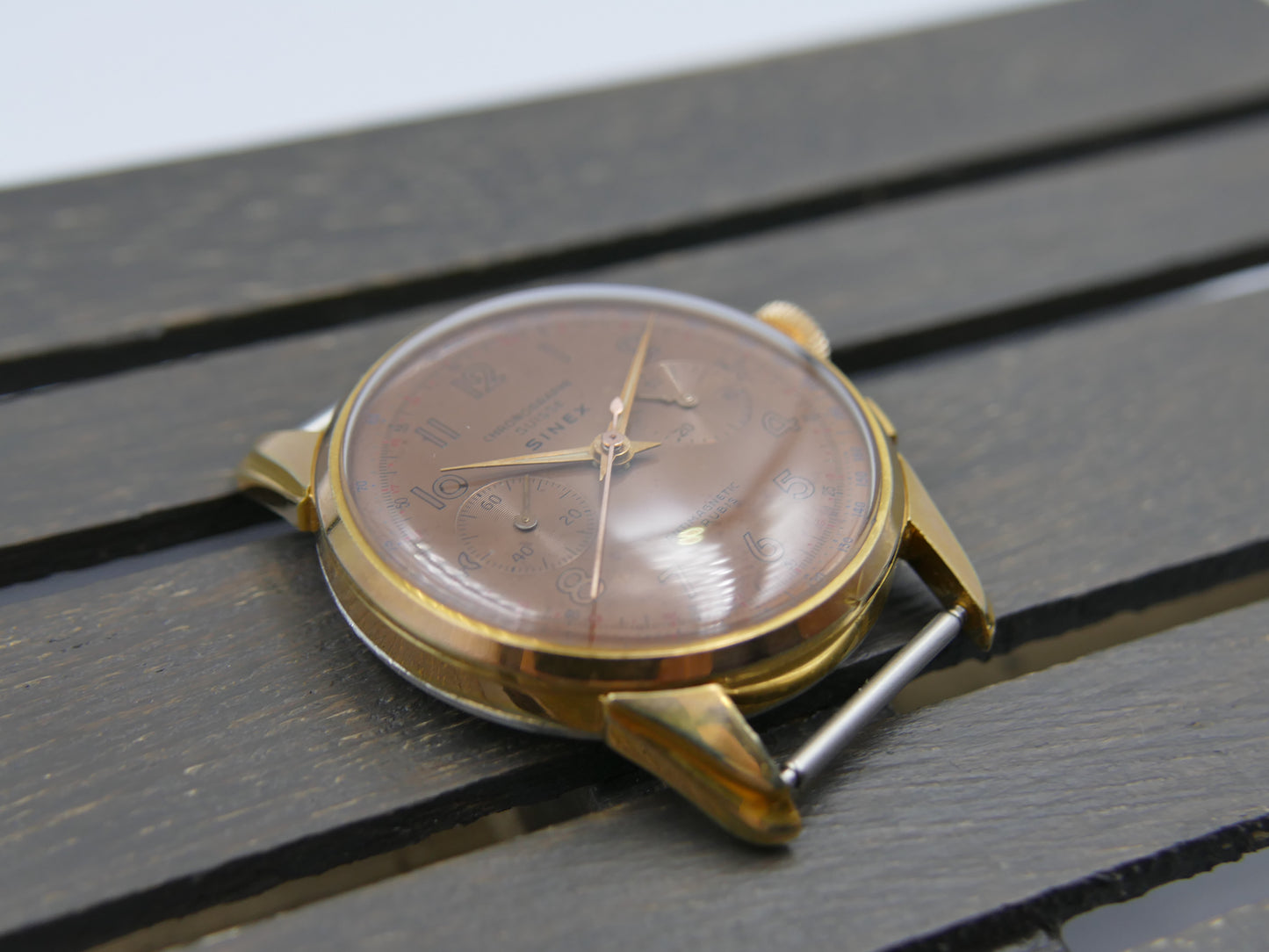 50s vintage SINEX Chronograph swiss Cal. Landeron 48 salmon OVERSIZE jumbo