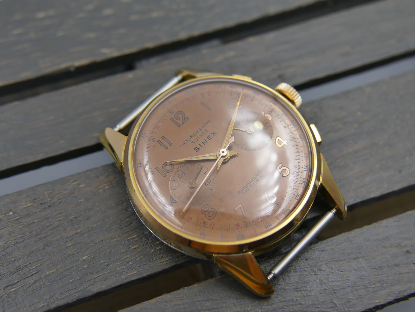 50s vintage SINEX Chronograph swiss Cal. Landeron 48 salmon OVERSIZE jumbo