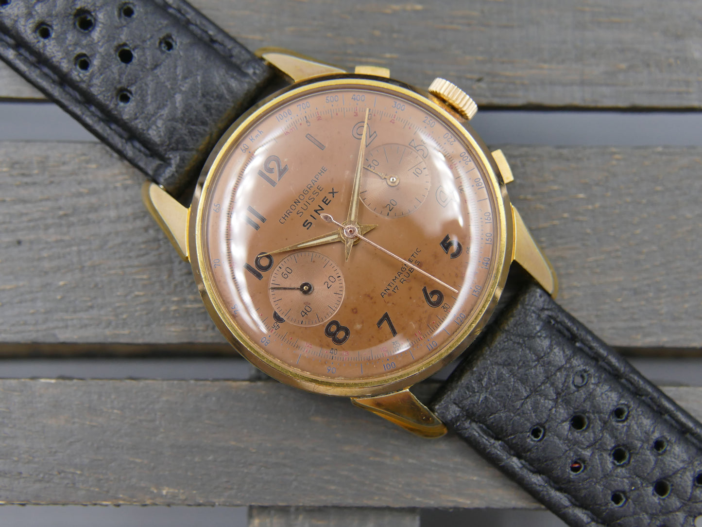 50s vintage SINEX Chronograph swiss Cal. Landeron 48 salmon OVERSIZE jumbo