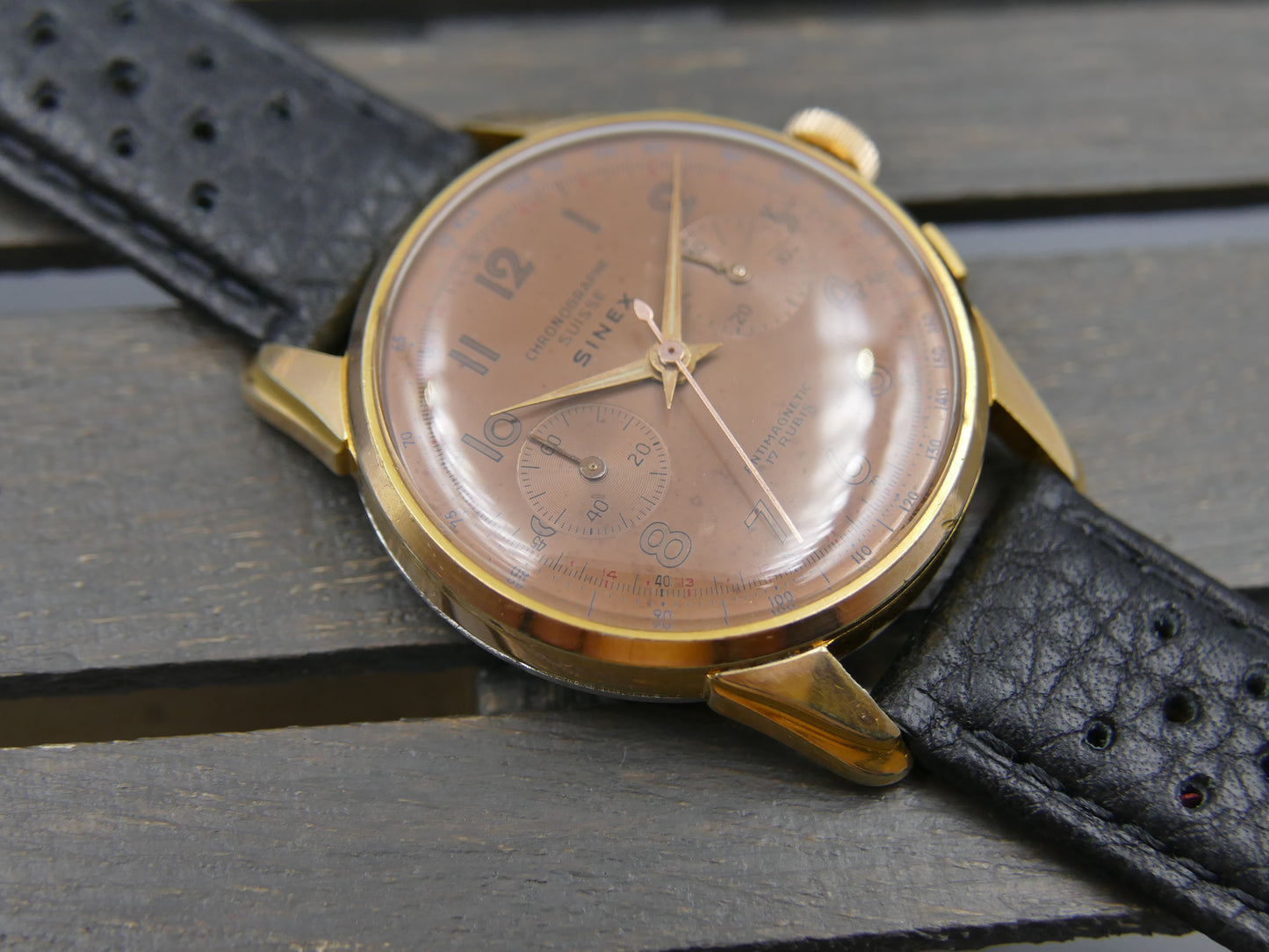 50s vintage SINEX Chronograph swiss Cal. Landeron 48 salmon OVERSIZE jumbo