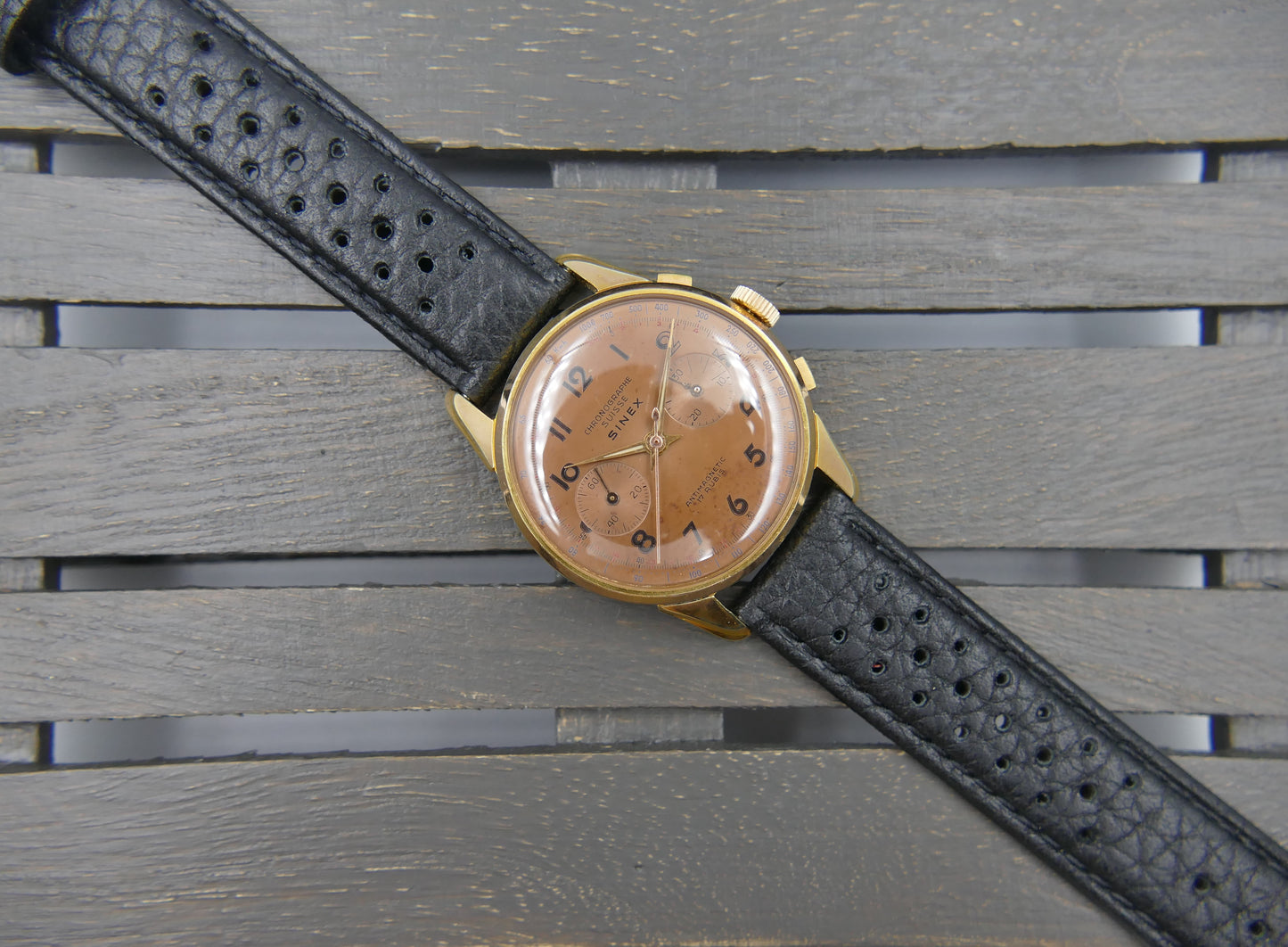 50s vintage SINEX Chronograph swiss Cal. Landeron 48 salmon OVERSIZE jumbo