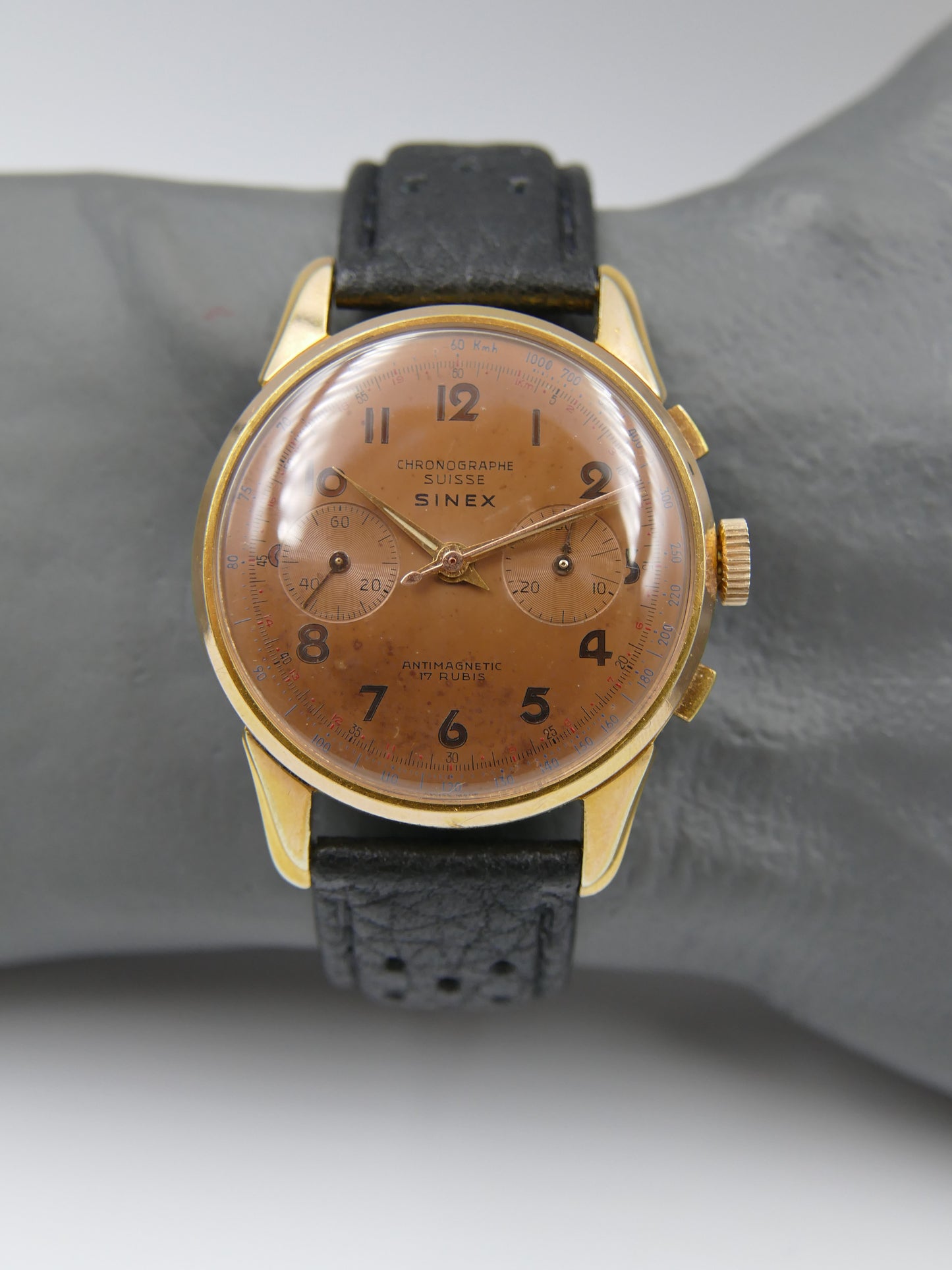 50s vintage SINEX Chronograph swiss Cal. Landeron 48 salmon OVERSIZE jumbo