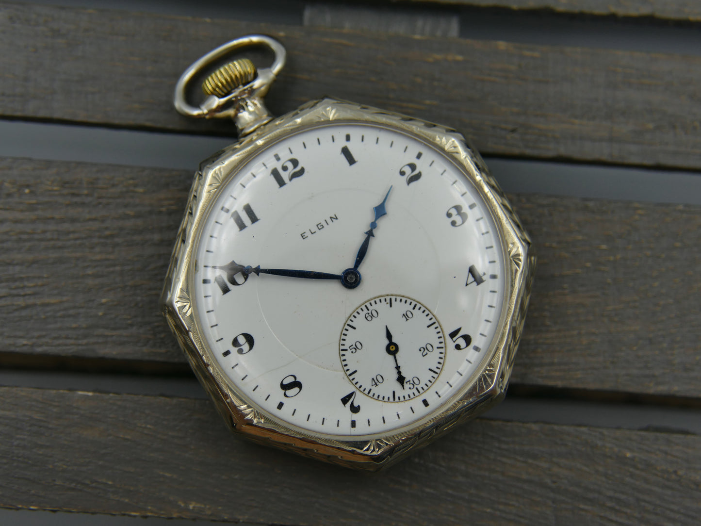 20s vintage pocket watch Elgin Grade 315 Octagonal white 14k solid gold serviced