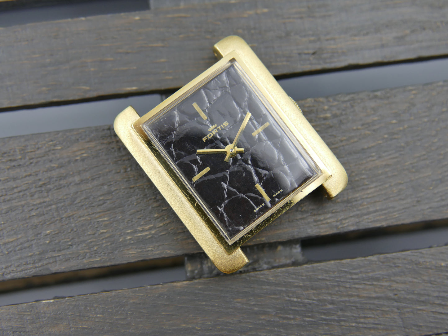 70s vintage watch mens Fortis tank manual wind black leather dial rare