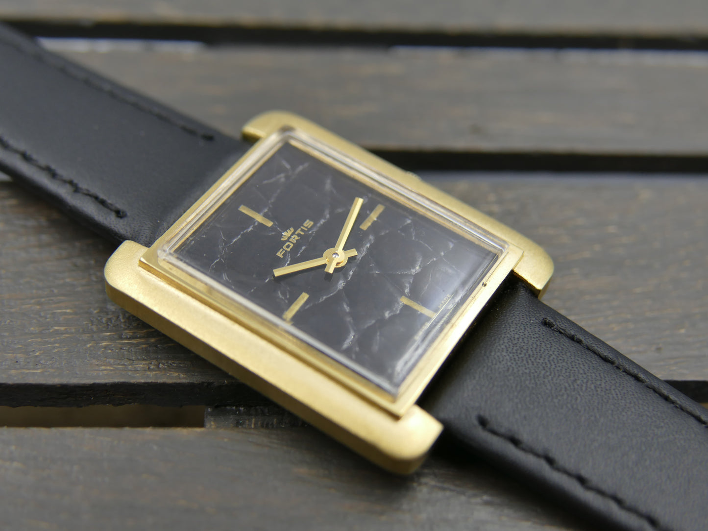 70s vintage watch mens Fortis tank manual wind black leather dial rare