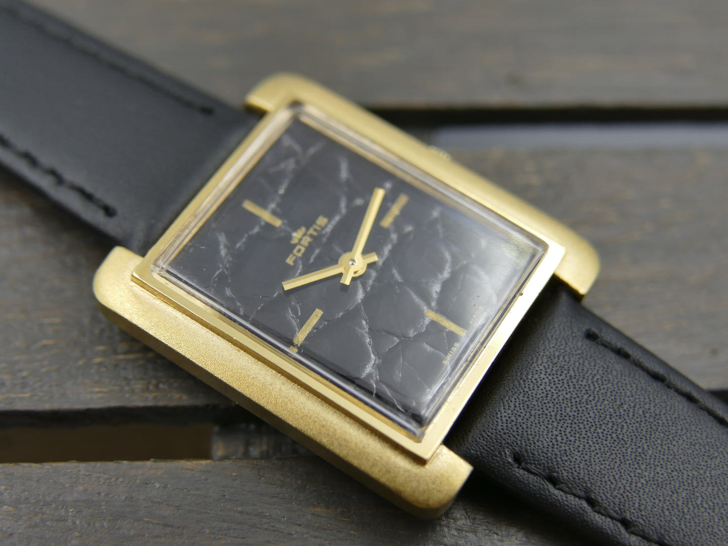 70s vintage watch mens Fortis tank manual wind black leather dial rare
