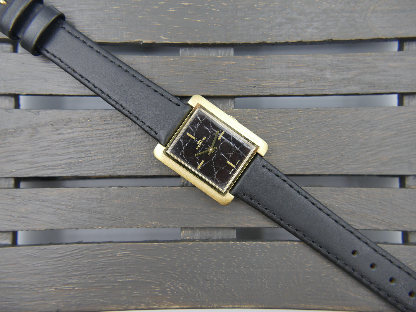 70s vintage watch mens Fortis tank manual wind black leather dial rare