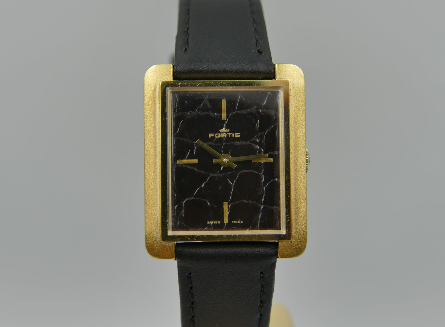 70s vintage watch mens Fortis tank manual wind black leather dial rare