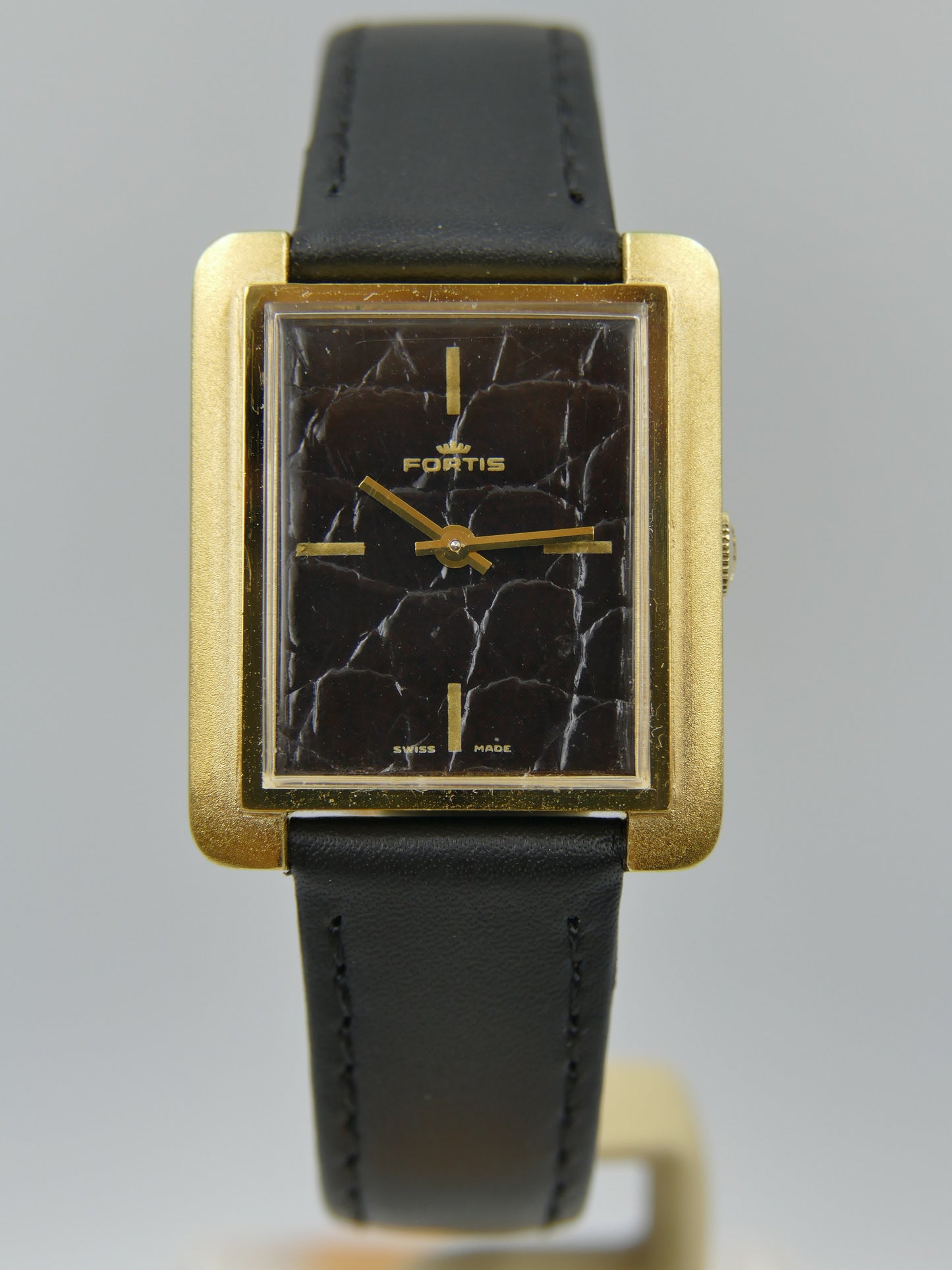 70s vintage watch mens Fortis tank manual wind black leather dial rare