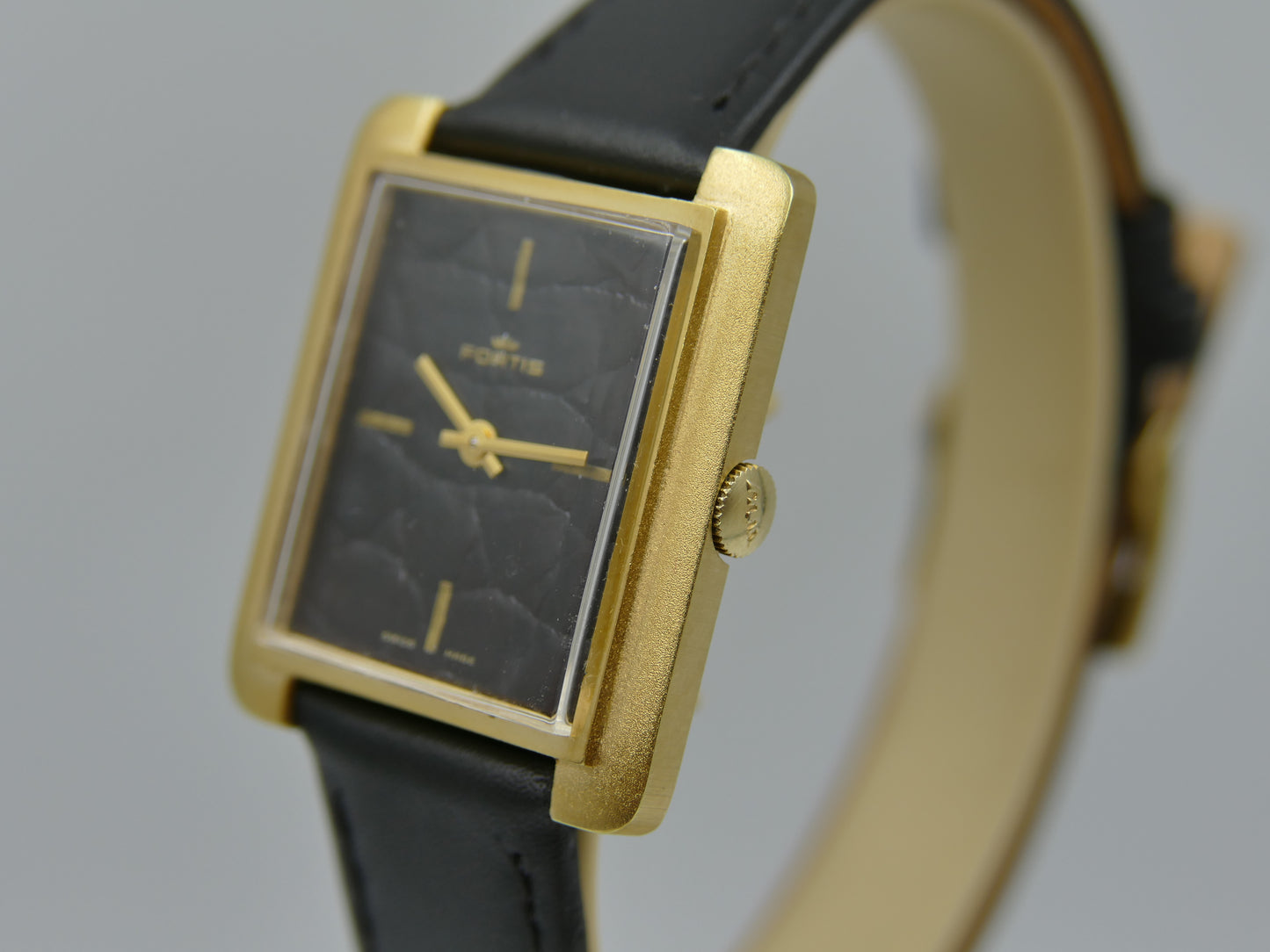 70s vintage watch mens Fortis tank manual wind black leather dial rare