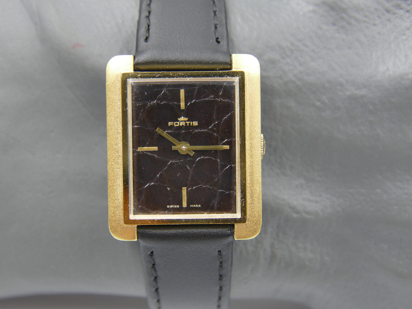 70s vintage watch mens Fortis tank manual wind black leather dial rare