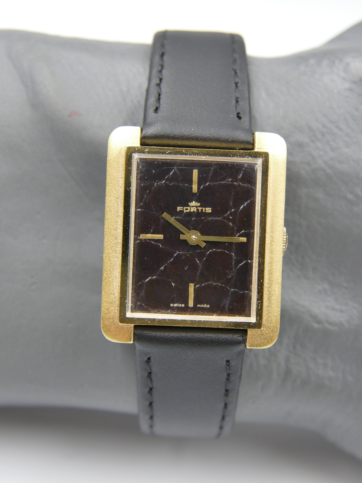 70s vintage watch mens Fortis tank manual wind black leather dial rare
