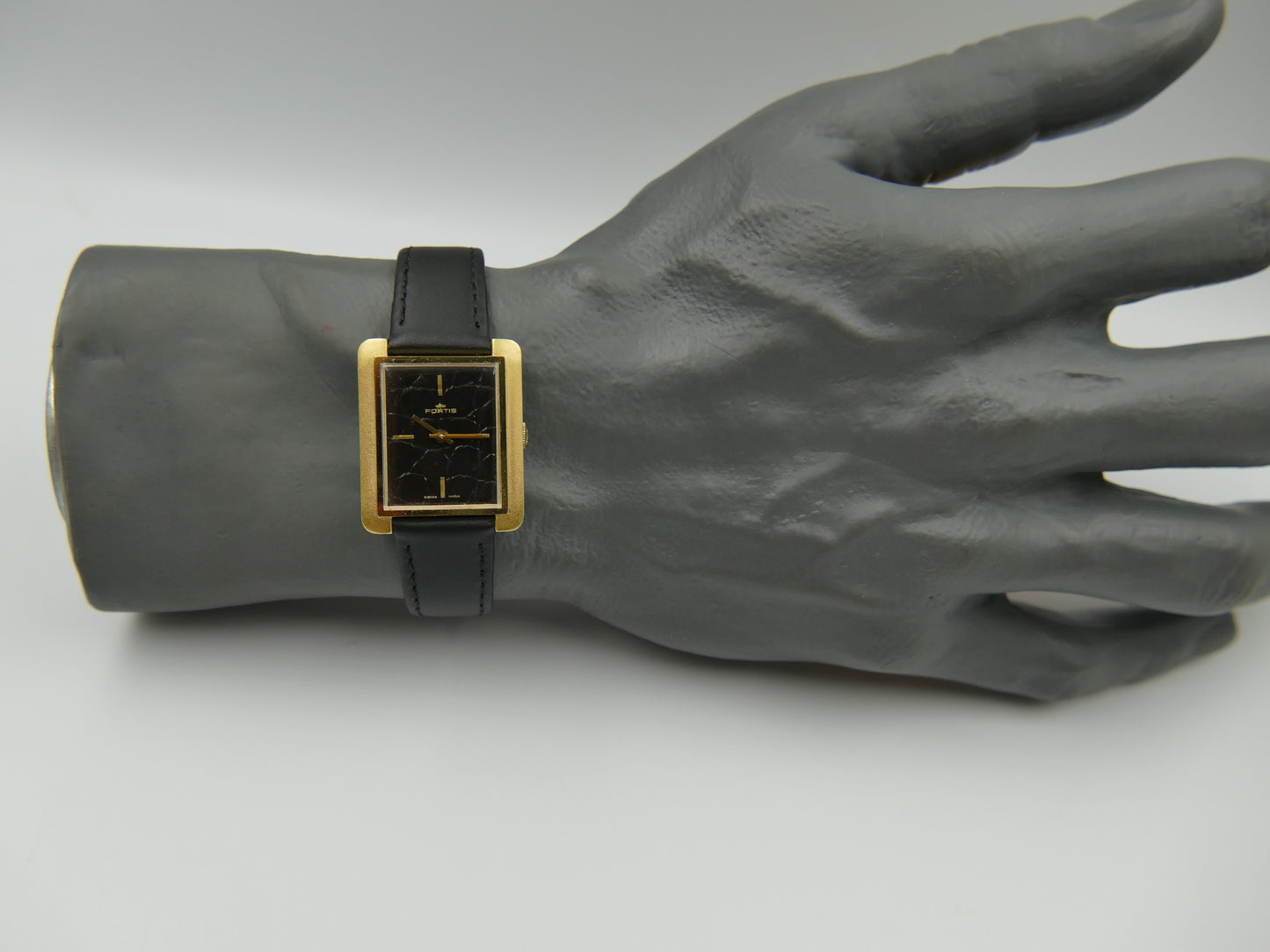 70s vintage watch mens Fortis tank manual wind black leather dial rare
