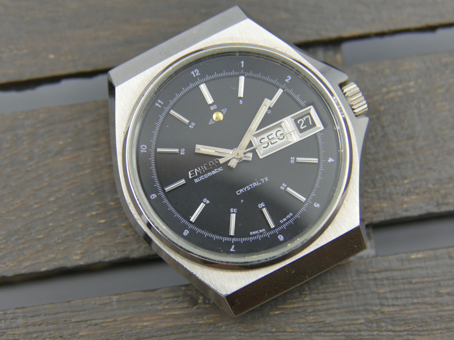 70s vintage watch mens Enicar Crystal 7x ref. 167.008.184 automatic 167D mint black dial