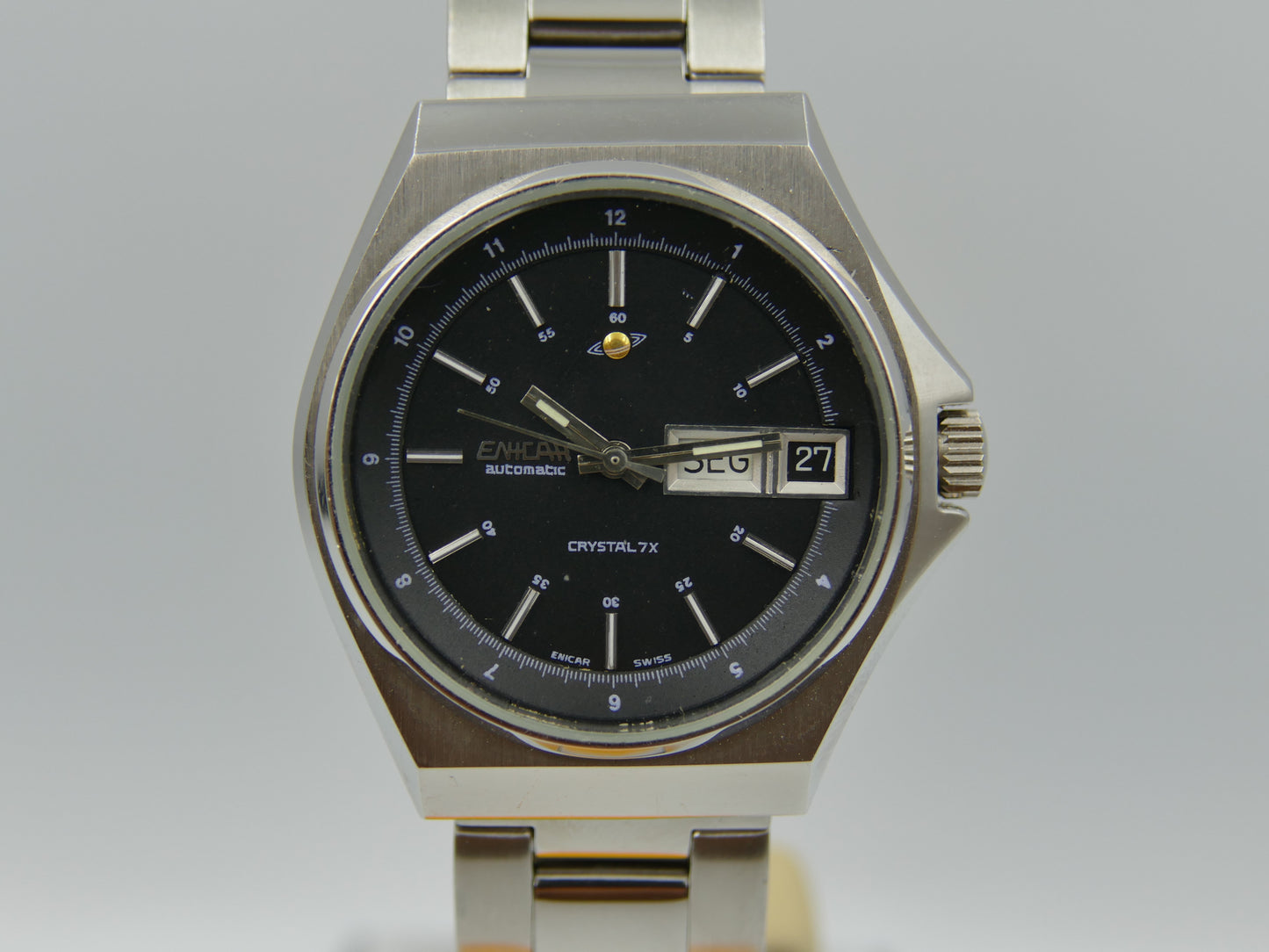 70s vintage watch mens Enicar Crystal 7x ref. 167.008.184 automatic 167D mint black dial