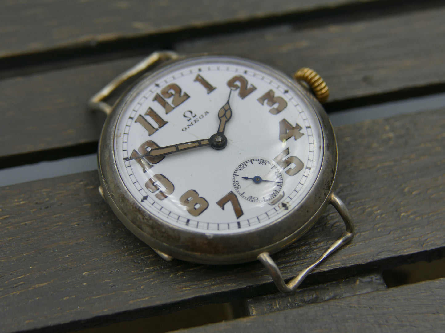 10s vintage watch mens Omega WW1 Oficcer trench military jumbo silver case cal. 13'''