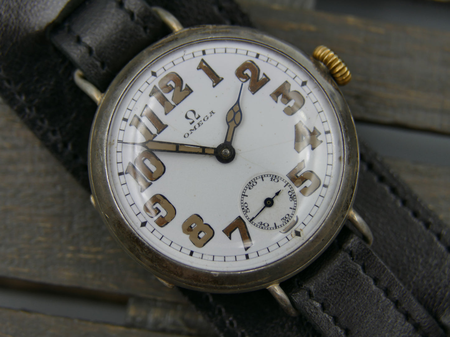 10s vintage watch mens Omega WW1 Oficcer trench military jumbo silver case cal. 13'''