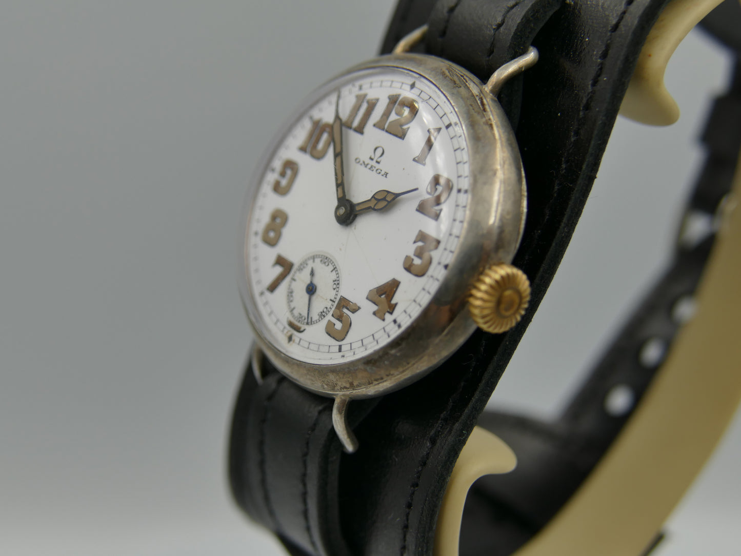 10s vintage watch mens Omega WW1 Oficcer trench military jumbo silver case cal. 13'''