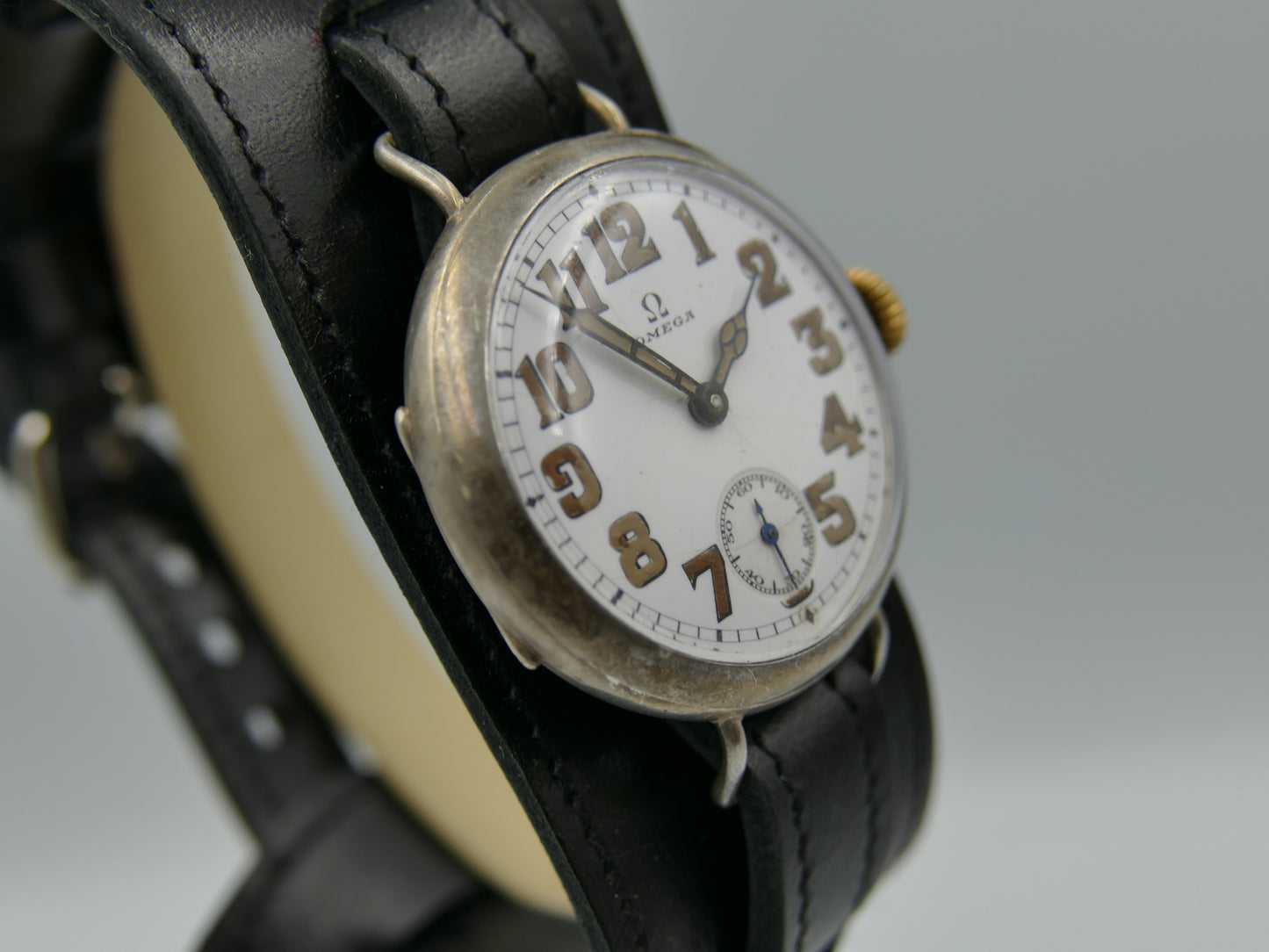10s vintage watch mens Omega WW1 Oficcer trench military jumbo silver case cal. 13'''