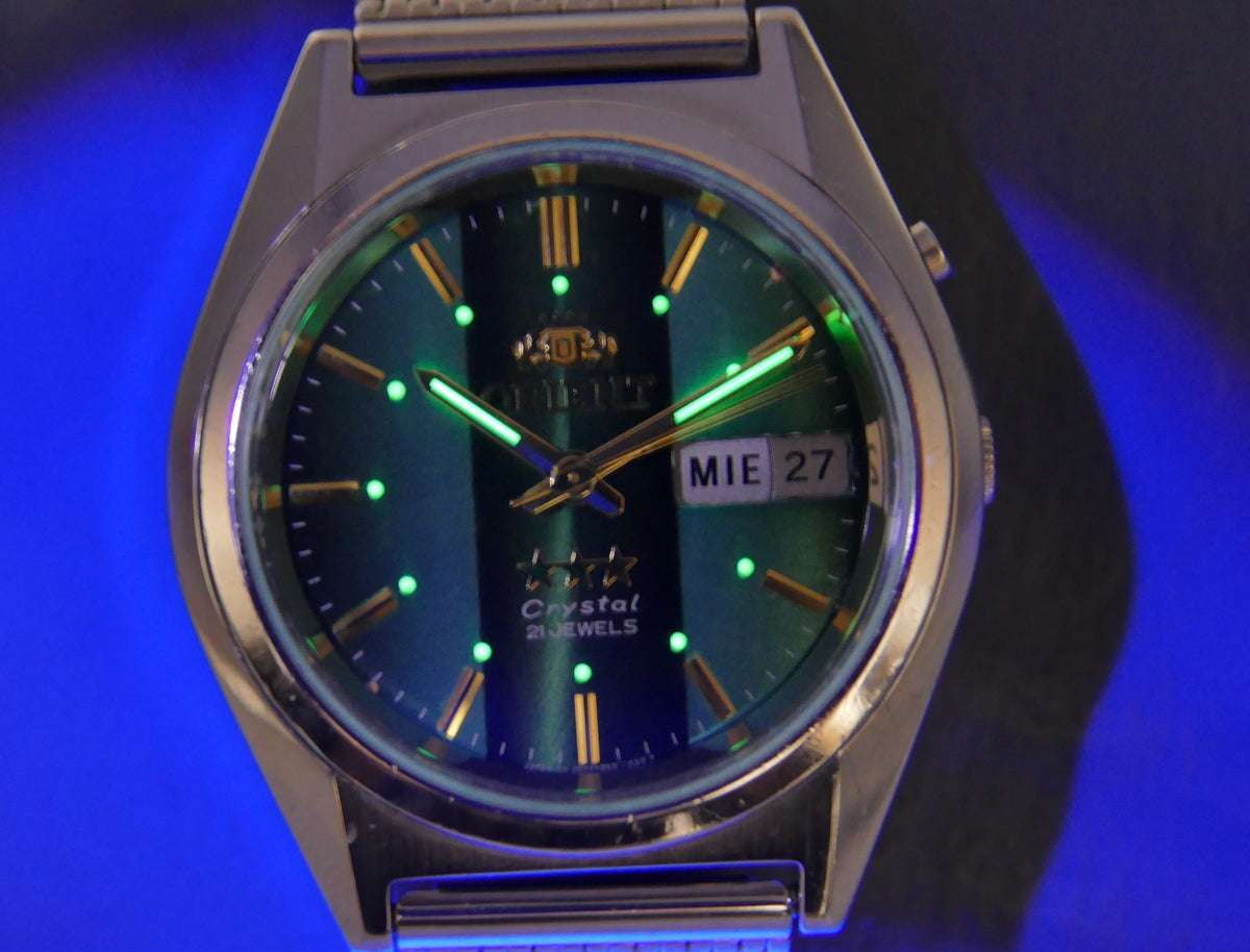 vintage watch mens Orient 3 star 469WA7-61 CA automatic green dial serviced steel 38mm