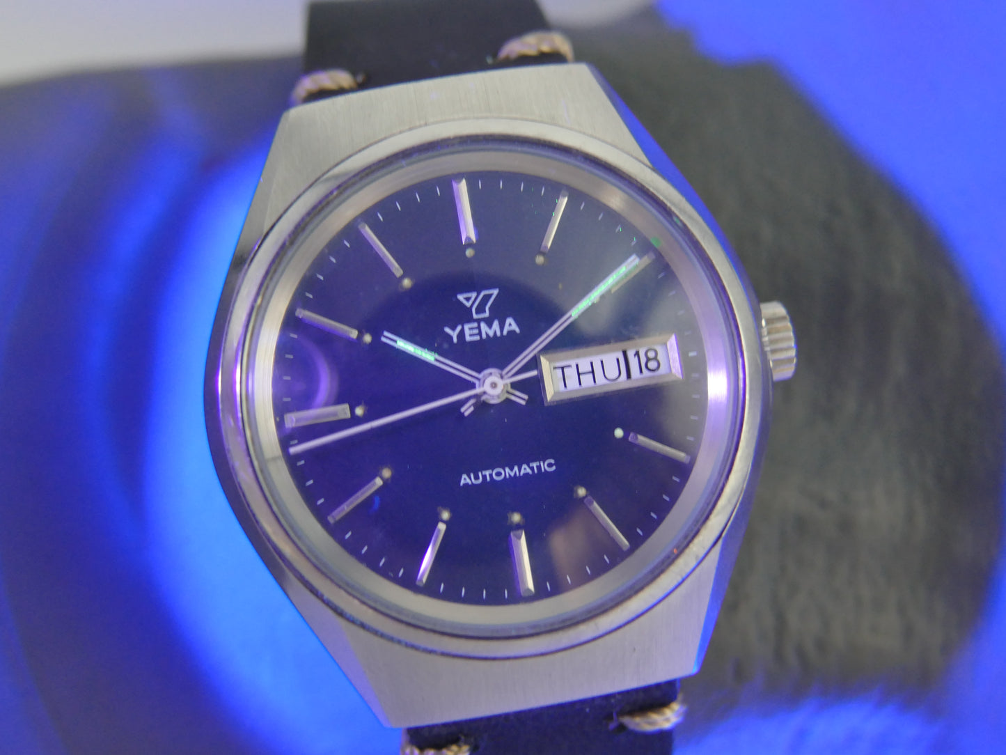 70s vintage watch mens Yema 71116 blue dial automatic FE 4612 Steel MINT