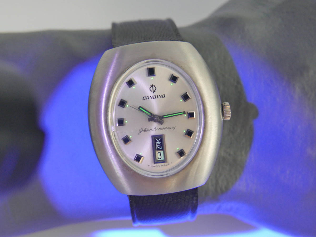 70s Vintage watch mens Candino Golden Anniversary Day-Date Automatic ETA 2638 ufo NOS