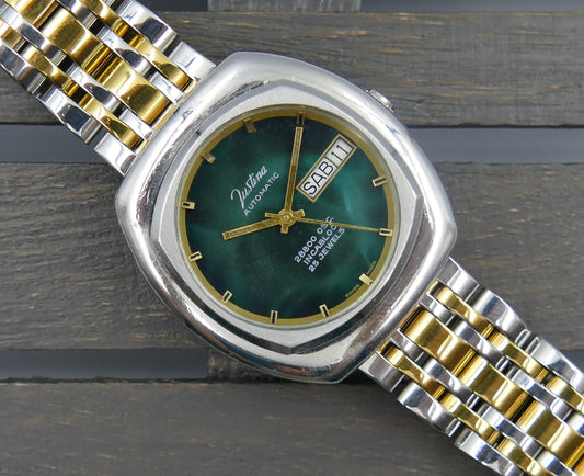 70's vintage watch mens Justina automatic 28800 OSC. ETA 2878 green dial RARE 36