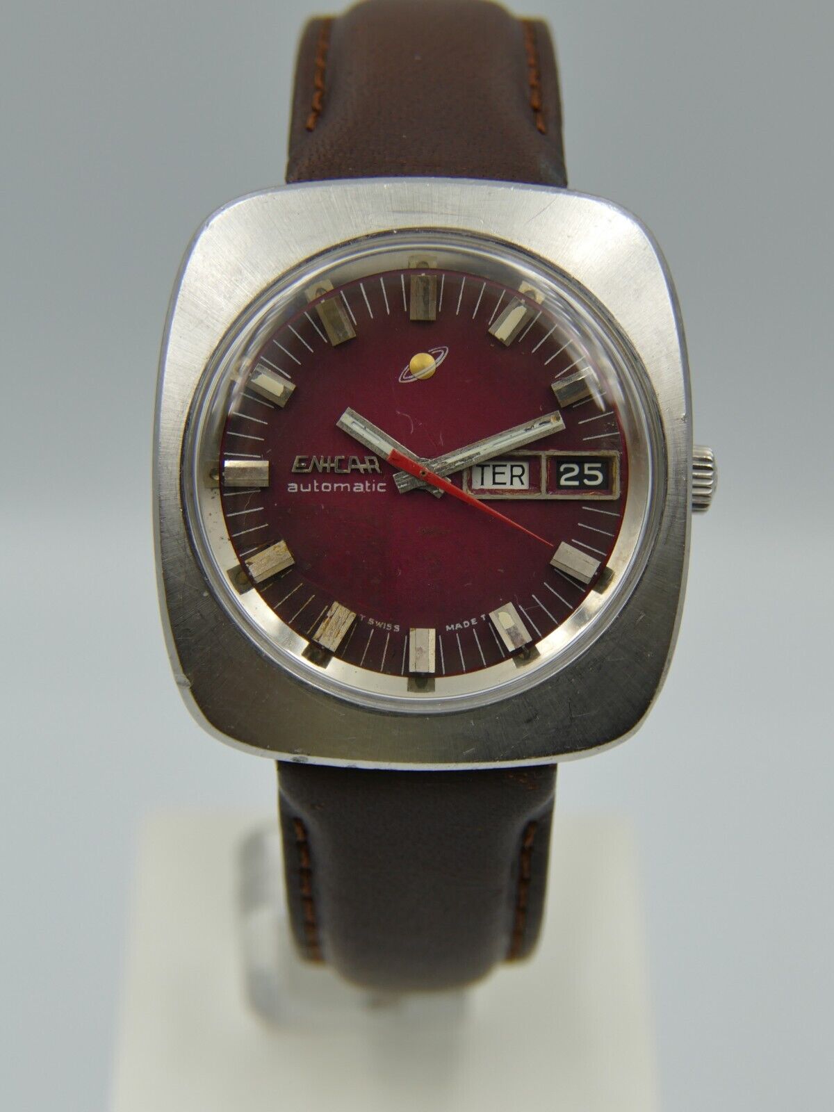 70's vintage watch mens Enicar  steel jumbo oversize burgundy automatic AR 167