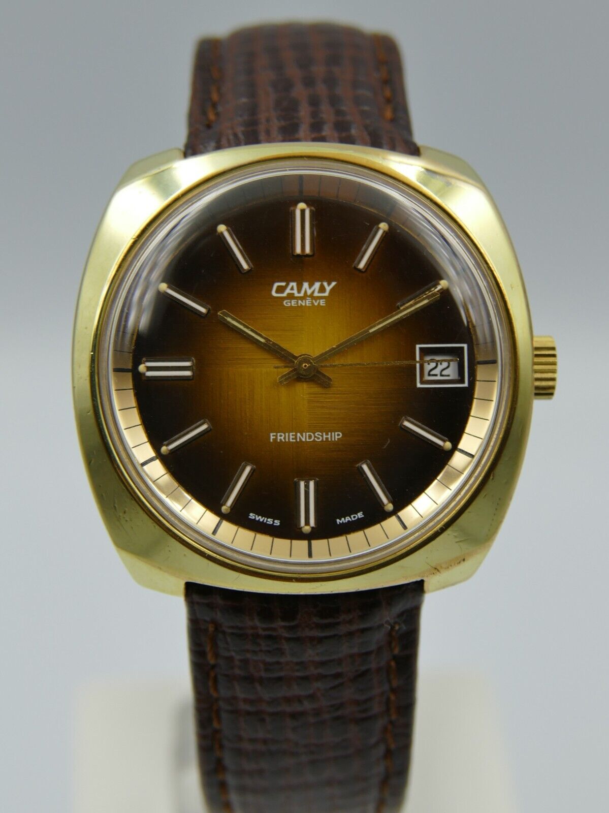 70's vintage watch mens Camy Geneva Friendship ref. 7327 brown brushed gold pl