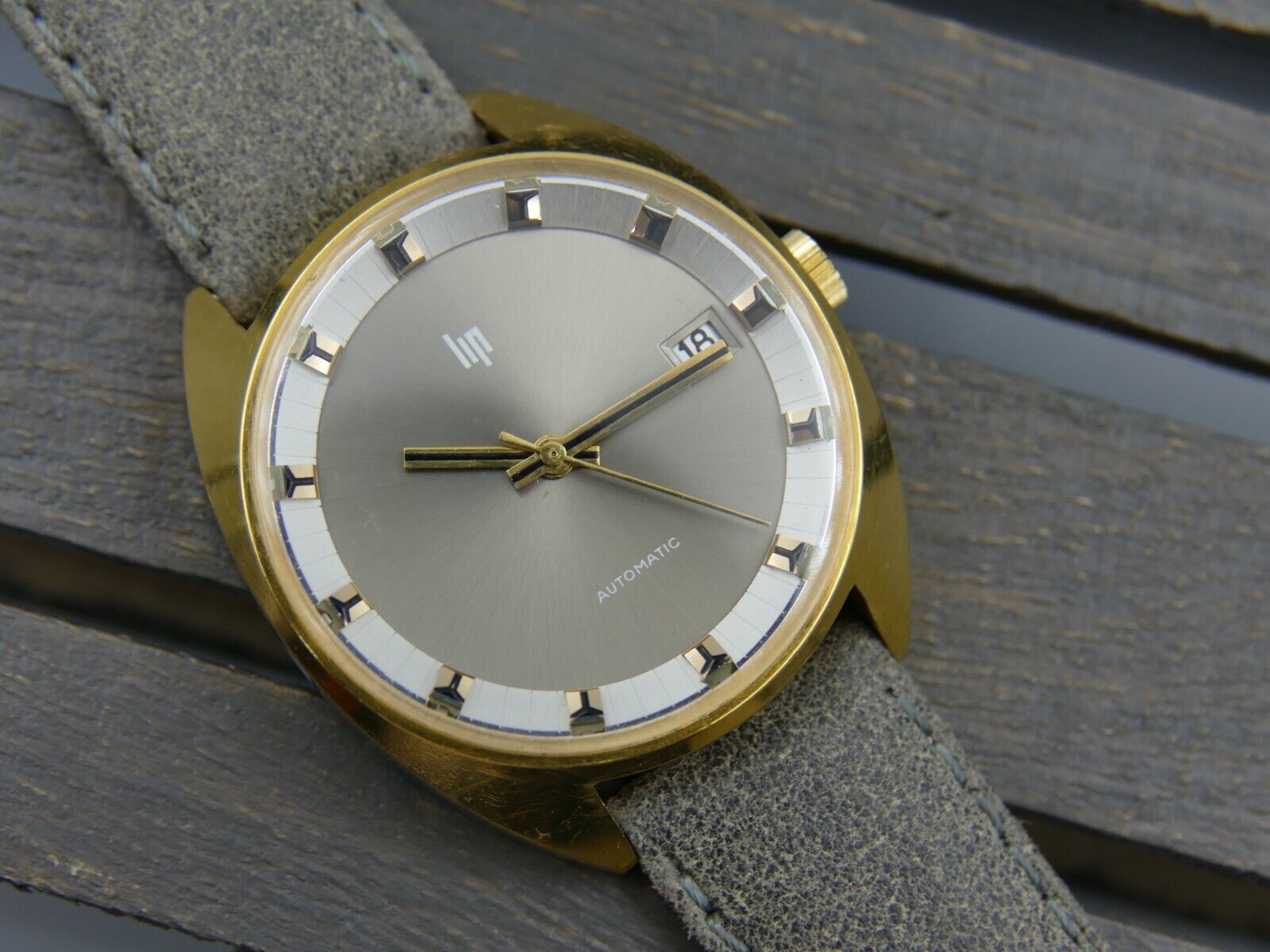 70s vintage watch mens LIP gray dial automatic Durowe 7525 2 gold pl 35mm c-case