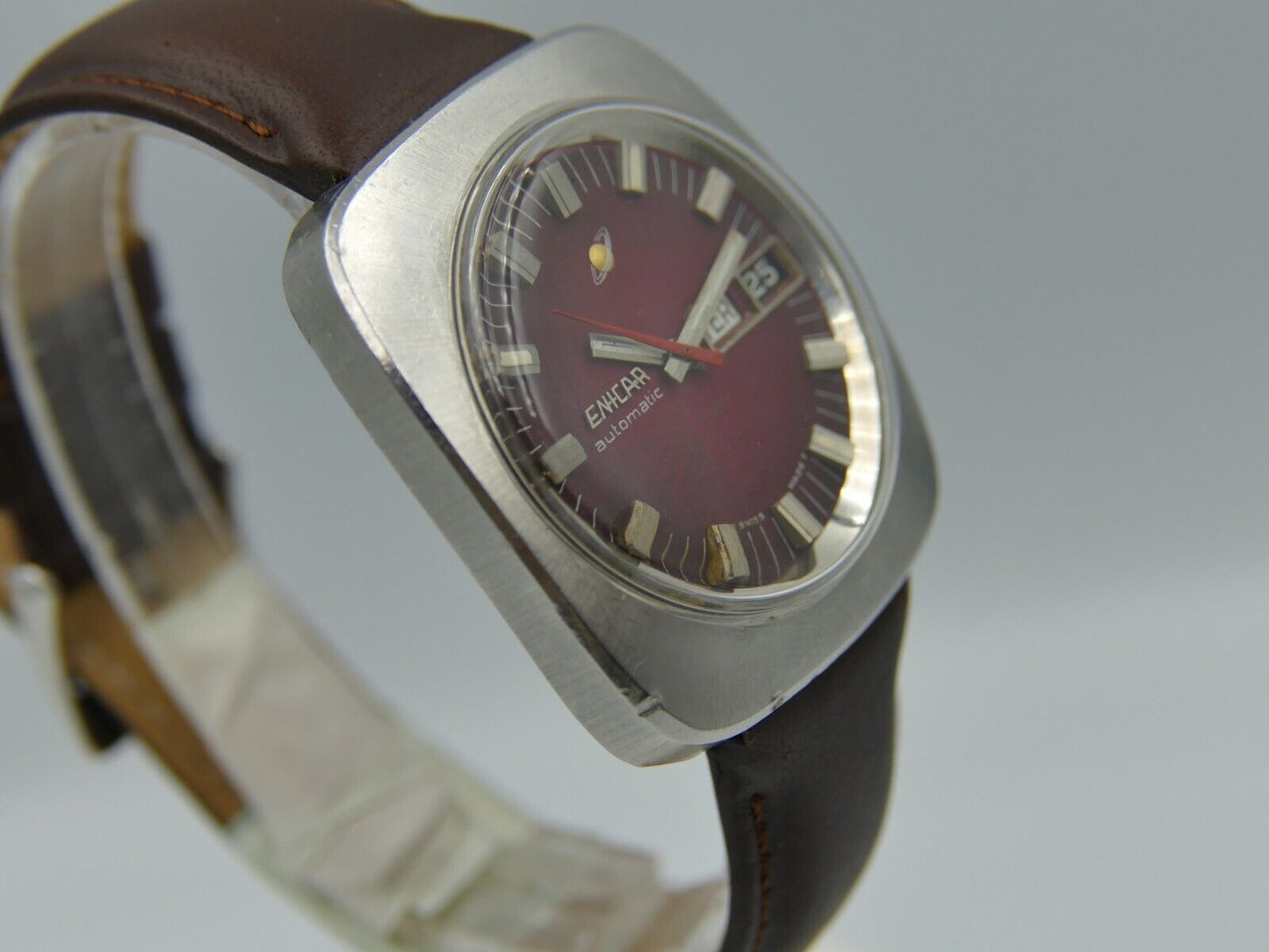 70's vintage watch mens Enicar  steel jumbo oversize burgundy automatic AR 167