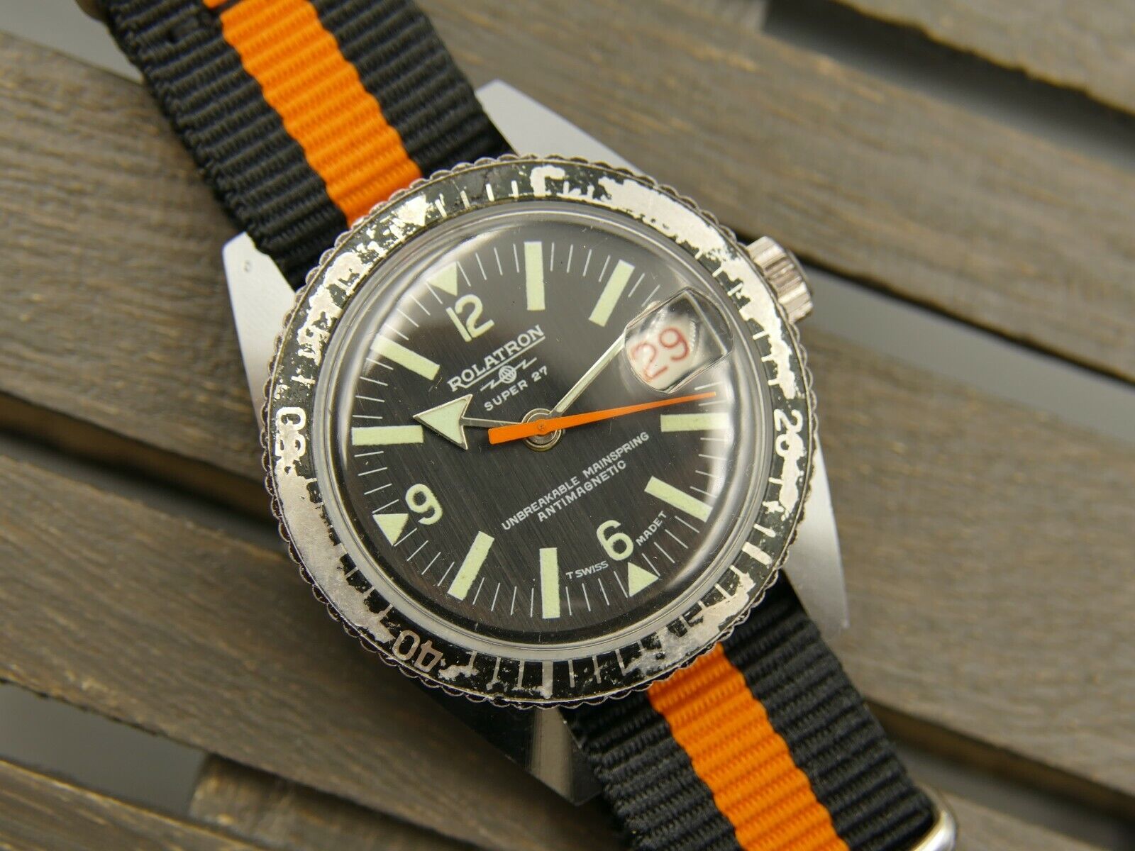 70's vintage watch mens ROLATRON SUPER 27 diver cal. BF 866 serviced 37mm RARE