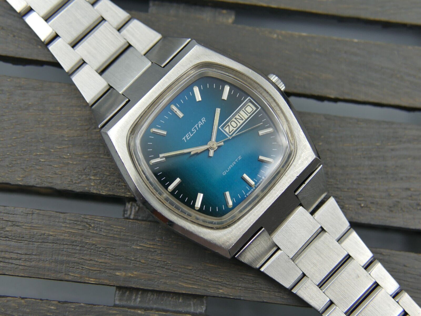 80's vintage watch mens Telstar ref. 15011 quartz ETA-ESA 9181 blue dial rare 39