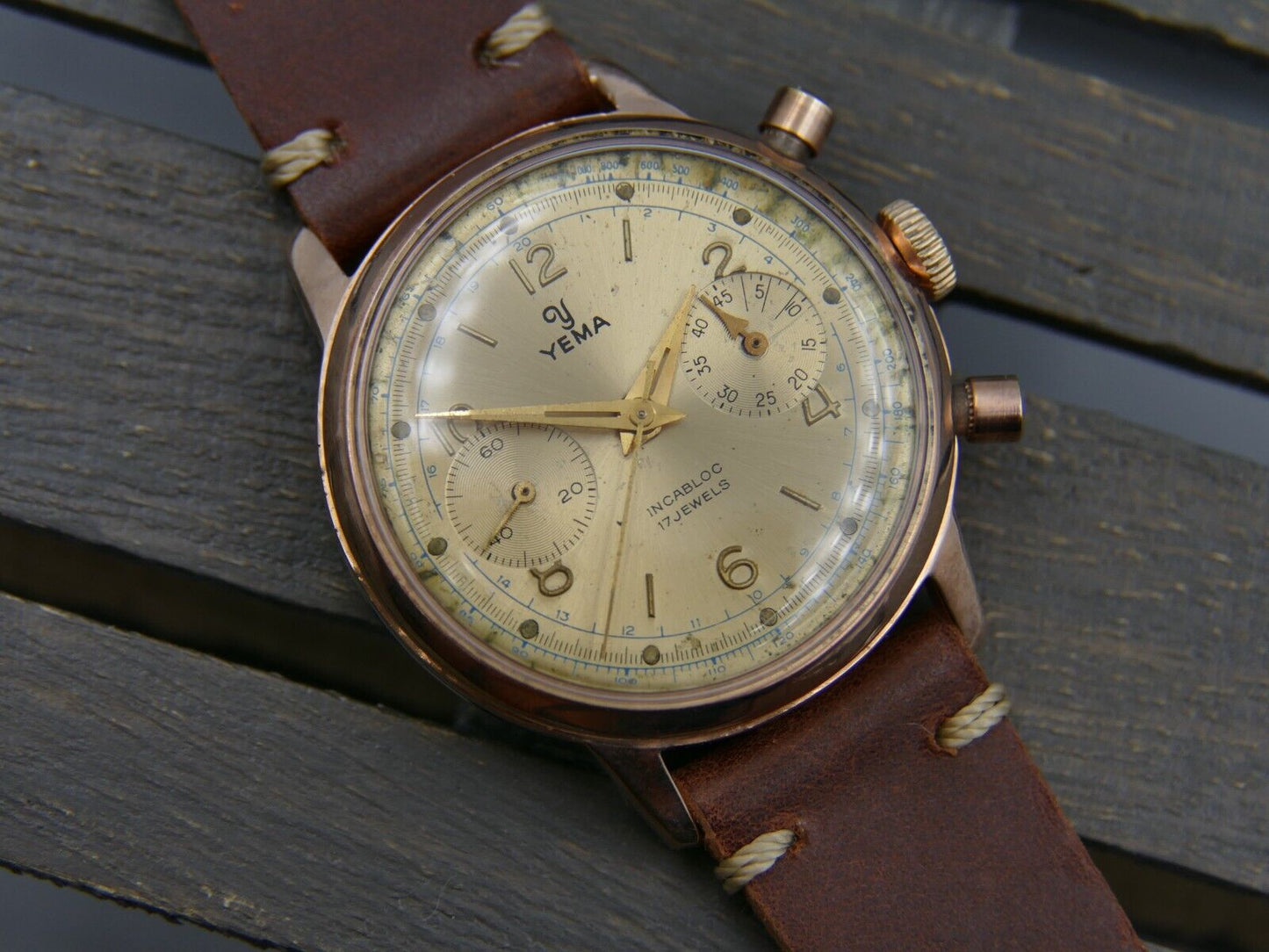 60's vintage watch mens Yema chronograph valjoux 92 rose gold PL serviced