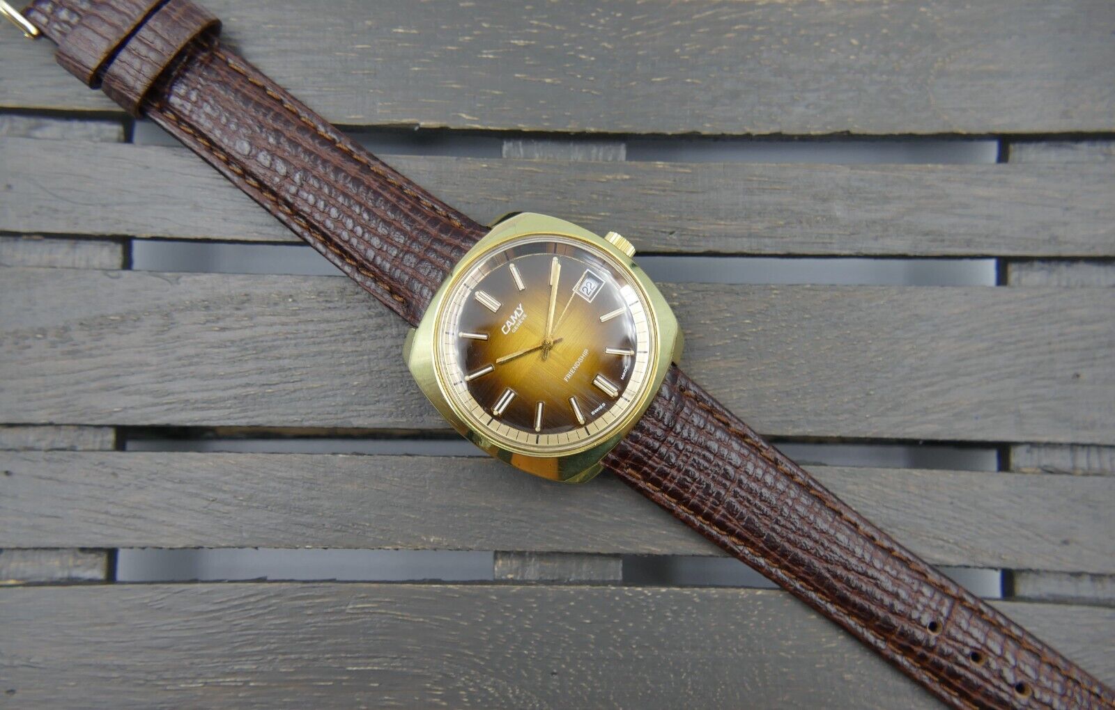 70's vintage watch mens Camy Geneva Friendship ref. 7327 brown brushed gold pl