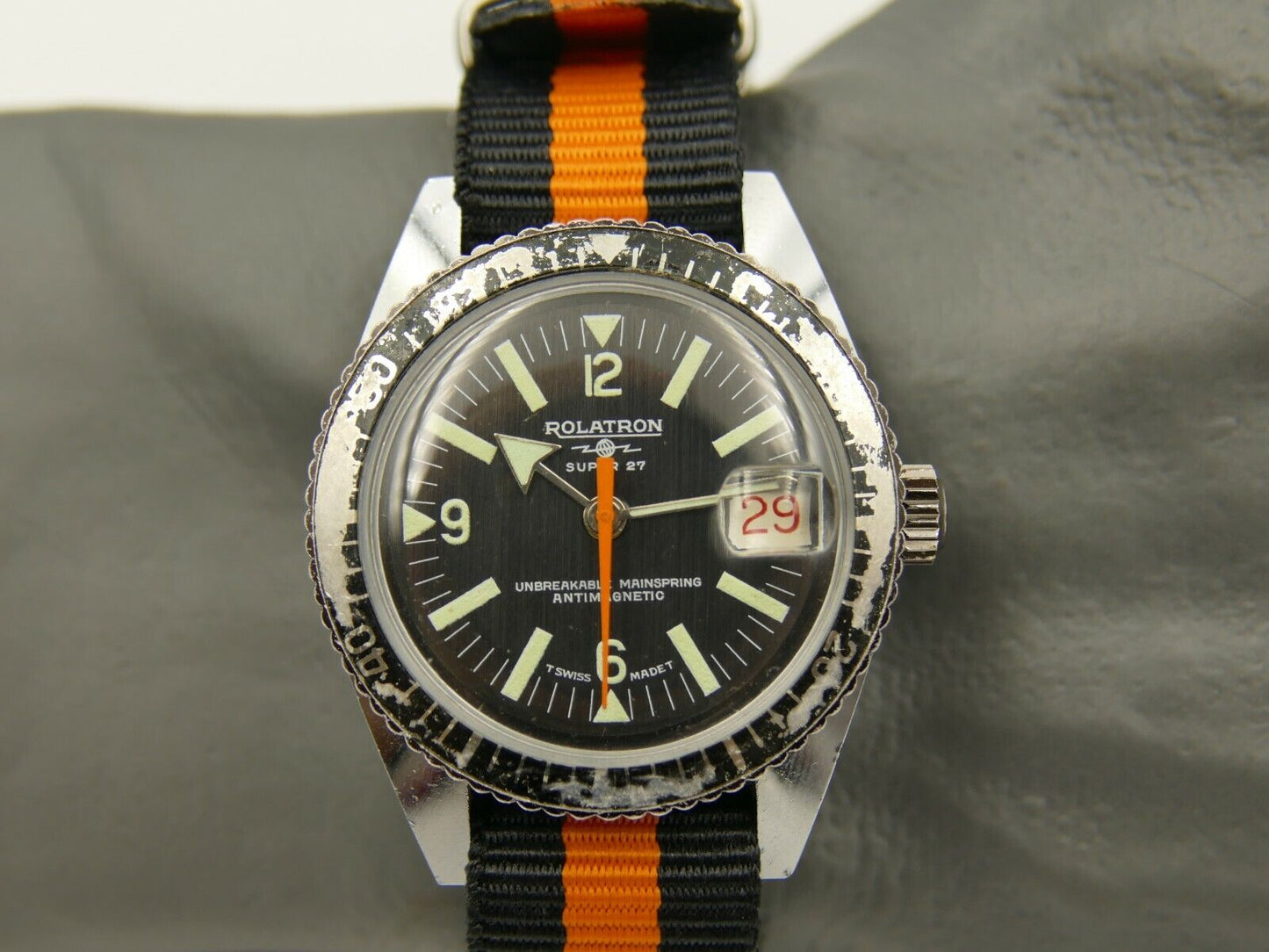 70's vintage watch mens ROLATRON SUPER 27 diver cal. BF 866 serviced 37mm RARE